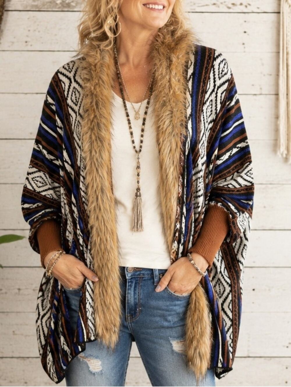 Blush Couture Faux Fur Trim Kimono Cardigan Aztec Boho Open Front Medium